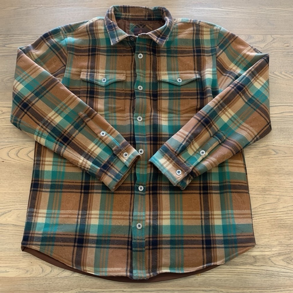 prAna Wool Blend Jacket Shacket Full Zip Button Men XL Brown Plaid Flap Pockets
